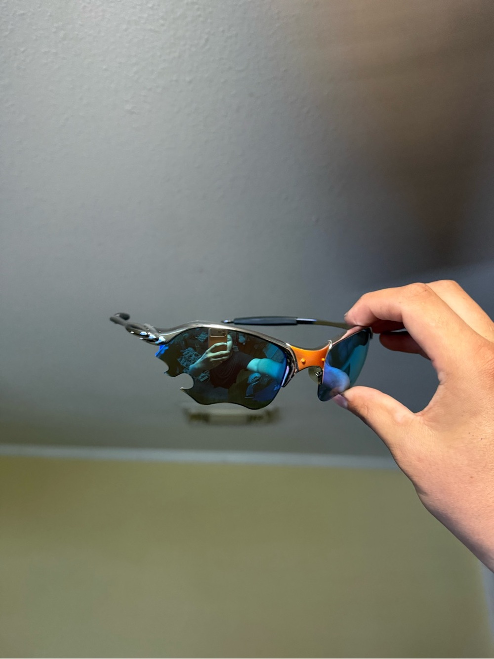 Oakley-Style Blue Mirrored Sports Sunglasses with Orange Bridge